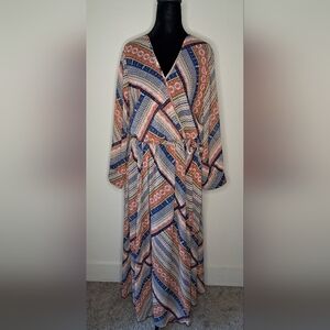Vibrant Orange and Blue Wrap Maxi Dress with 3/4 Bishop Sleeves